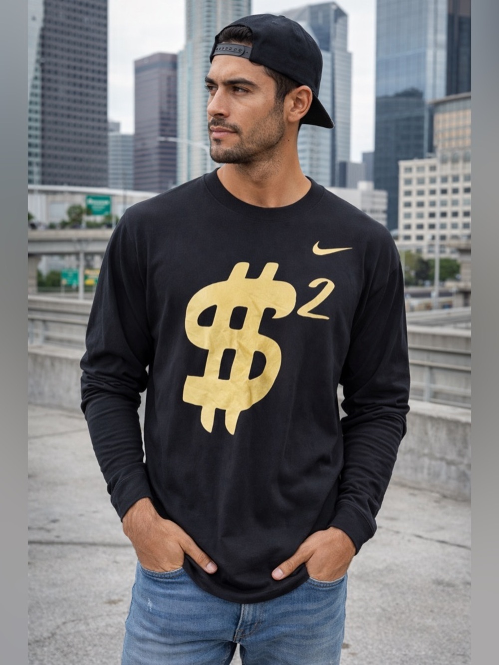 Nike Black Long-Sleeve Tee with Gold Dollar Graphic